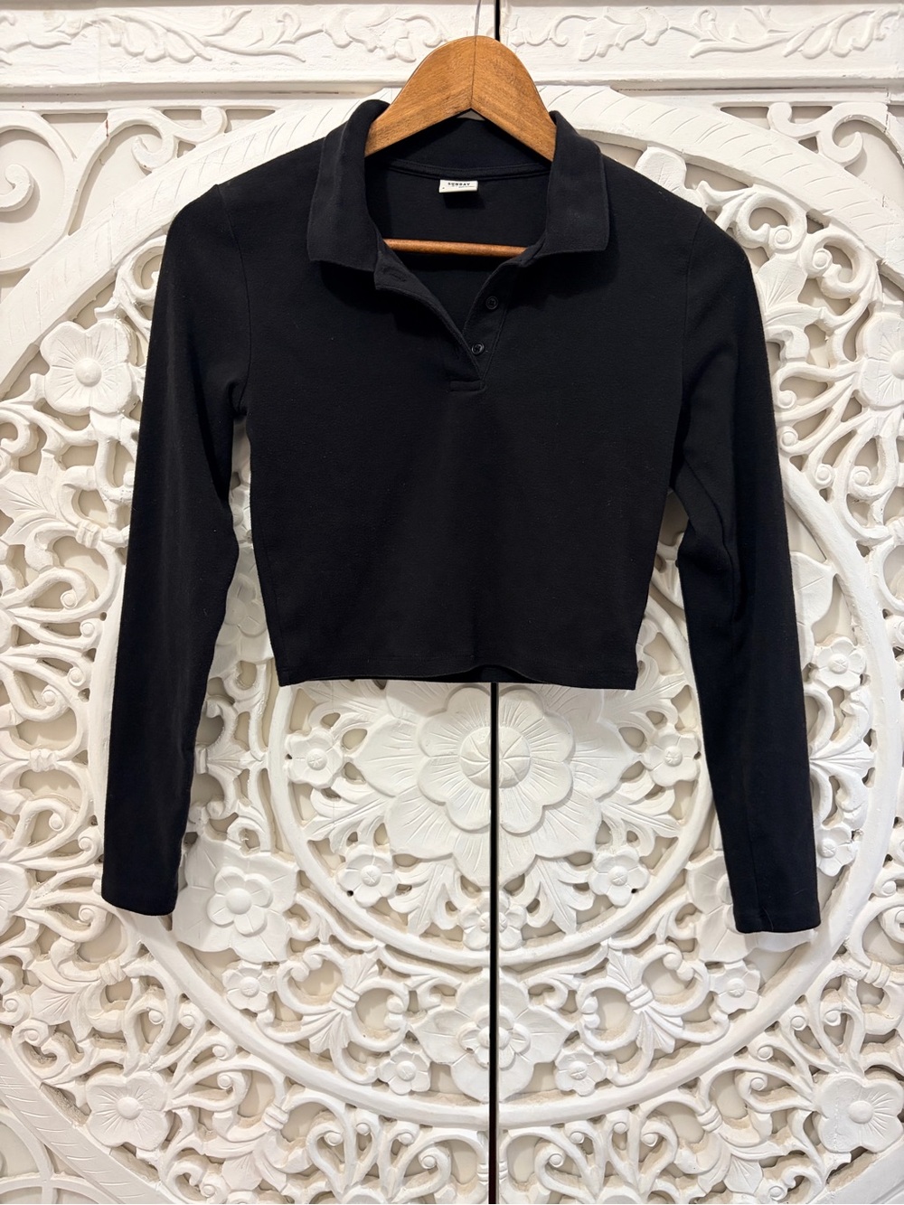 Sunday Best Black Cropped Long Sleeve Polo Top Size S